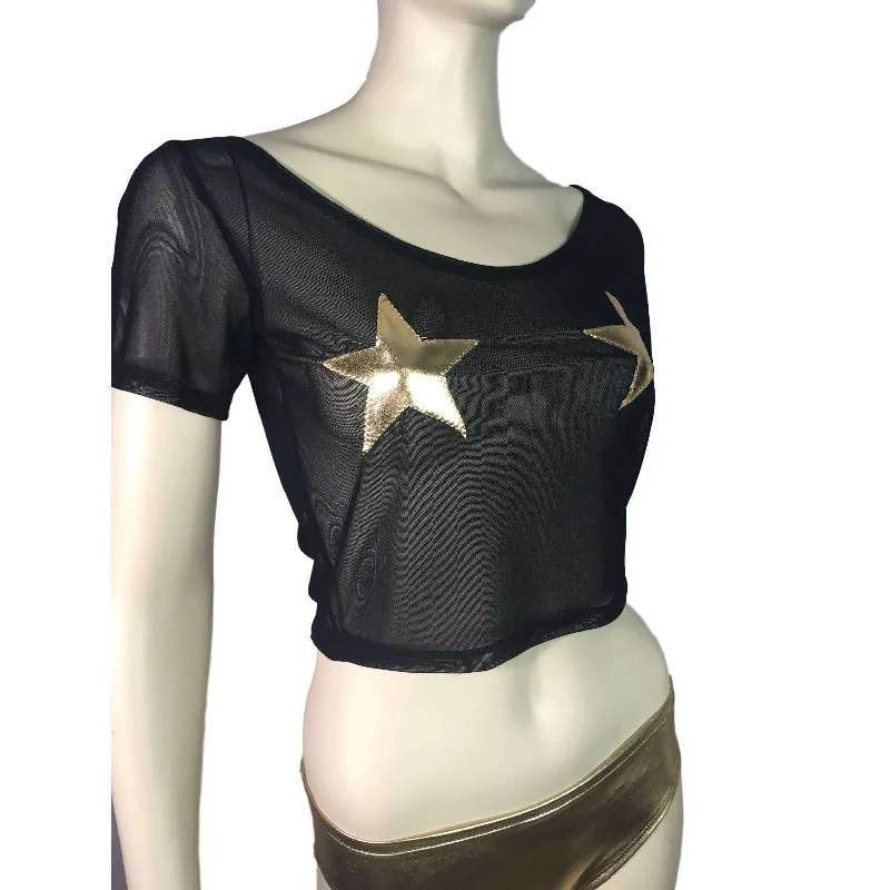 Stars Black Mesh Cropped Tee Shirt Top