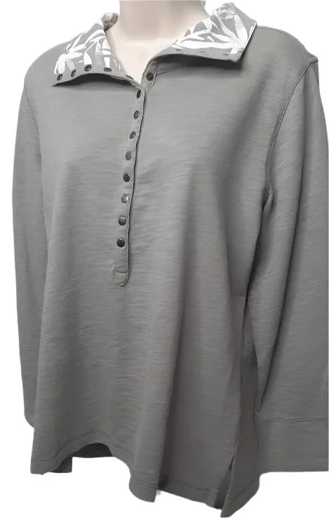 Top-Taupe/White-Placket-Long Sleeve-Slub French Terry-Women's-8008