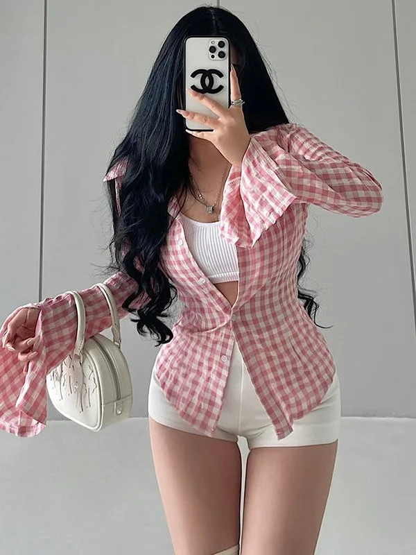 Wiona Plaid Long Sleeve Lapel Button Up Office Shirt Design Top