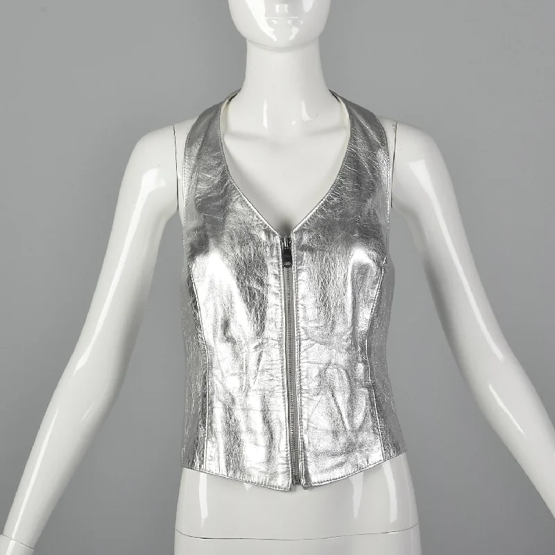 1980s Silver Leather Vest with Zip Front