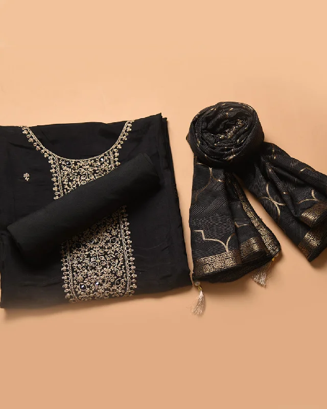 Black Silk Viscose Blend Embroidered Unstitched Suit Fabric Set With Silk Viscose Dupatta