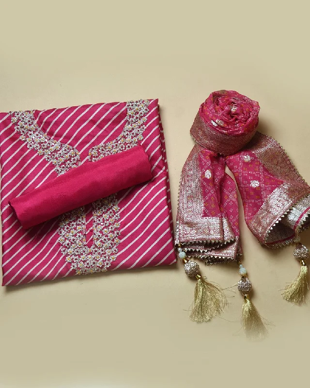 Bright Pink Silk Viscose Blend Printed With Embroidery Unstitched Suit Fabric Set With Organza Printed With Woven Dupatta