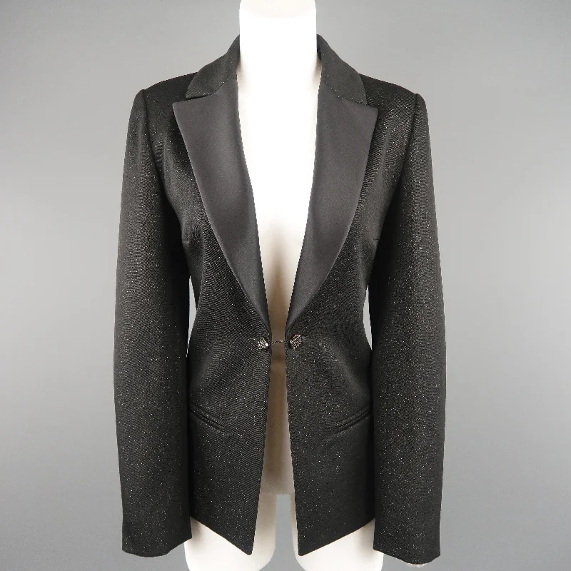 CHANEL Size 10 Black Sparkle Twill Satin Peak Lapel Tuxedo Jacket