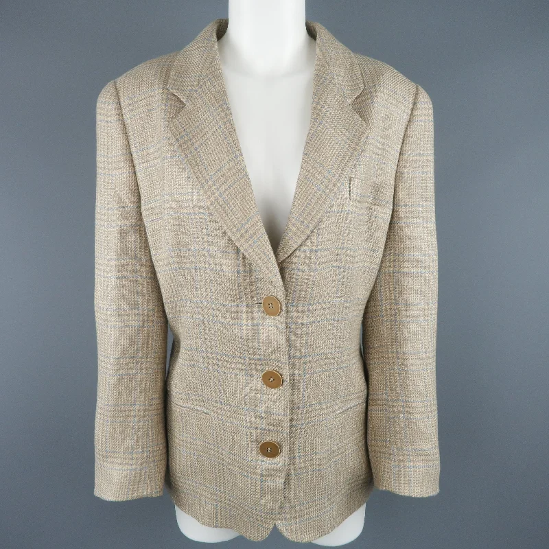 GIORGIO ARMANI Size 12 Beige & Blue Plaid Flax / Silk Blend BlazerJacket