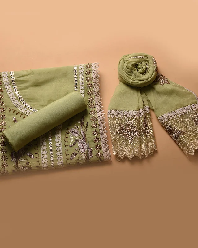 Green Organza Blend Embroidered Unstitched Suit Fabric Set Chiffon Blend Dupatta