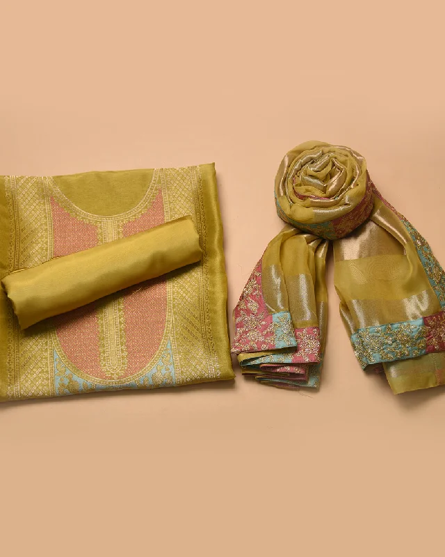 Haldi Yellow Silk Viscose Blend Woven Unstitched Suit Fabric Set With Organza Woven With Embroidery Dupatta