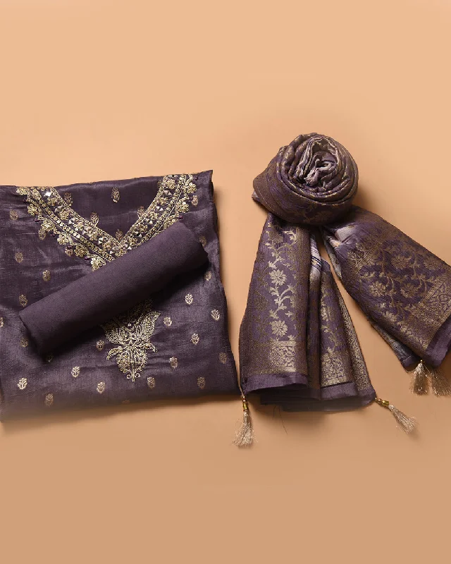 Light Purple Silk Viscose Blend Woven With Embroidery Unstitched Suit Fabric Set With Silk Viscose Dupatta