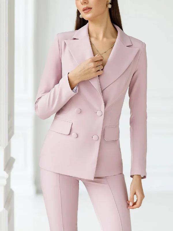 Pink 2 Piece Business Casual Double Breasted Peak Lapel Slim Fit Women Suit (Blazer+Pants)