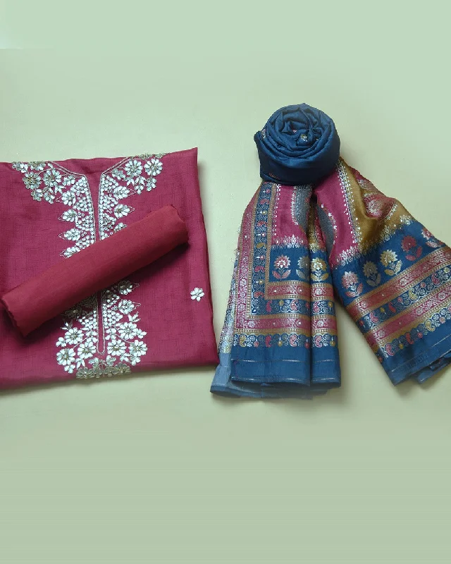 Pink Silk Viscose Blend Printed With Embroidery Unstitched Suit Fabric Set With Silk Woven Dupatta