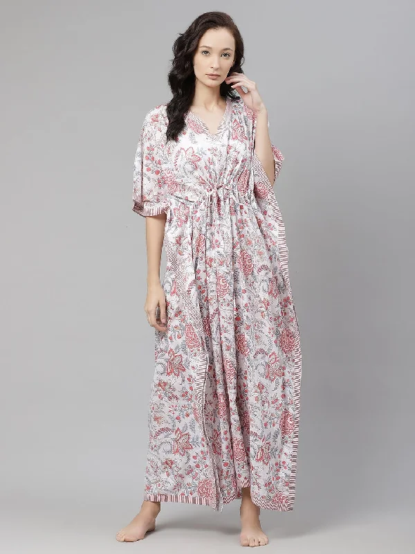 White And Pink Floral Print Kaftan