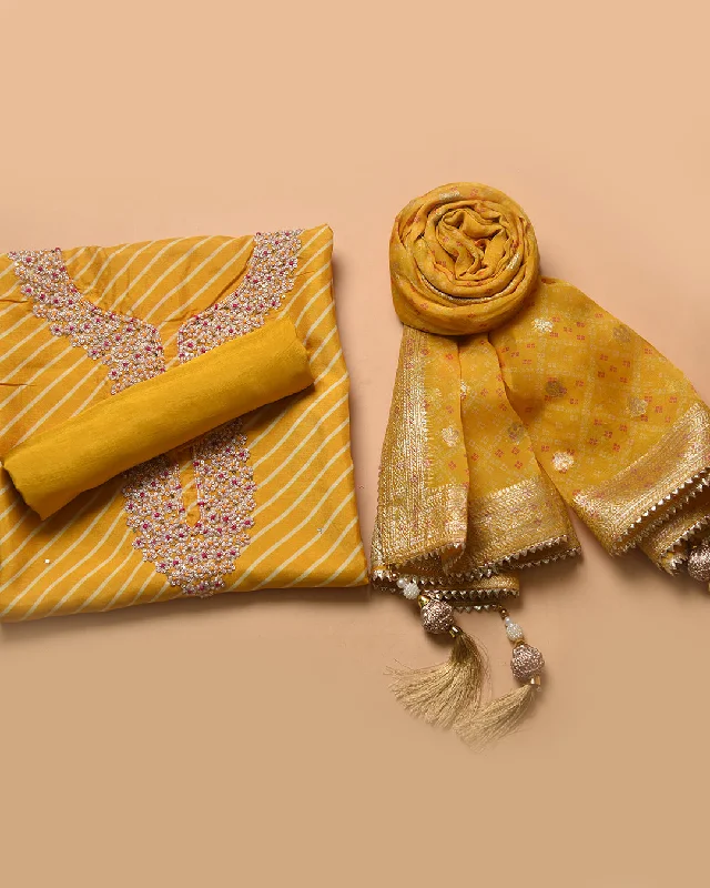 Yellow Silk Viscose Blend Printed With Embroidery Unstitched Suit Fabric Set With Organza Printed With Woven Dupatta